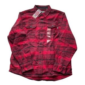 Woolrich Brawny Flannel Shirt Jacket Ruby Red Black Plaid Medium Heavy Cotton